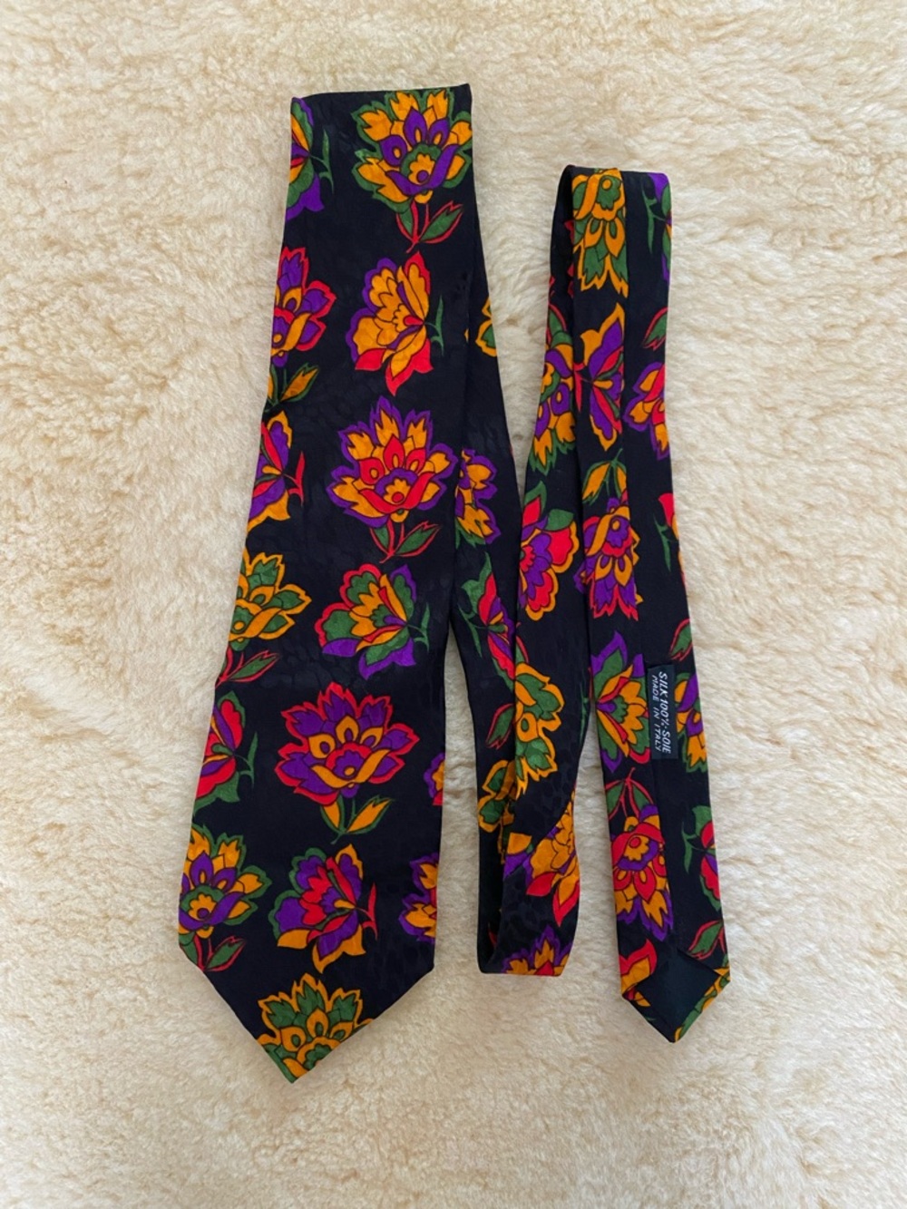 Brioni Silk Black Tie Floral Paisley Purple, Orange and Green Pattern Luxury